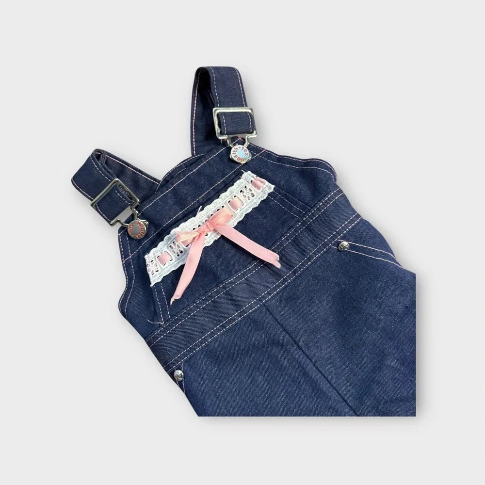 Health-Tex Vintage Eyelet Detail Pink Bow Blue Overalls
